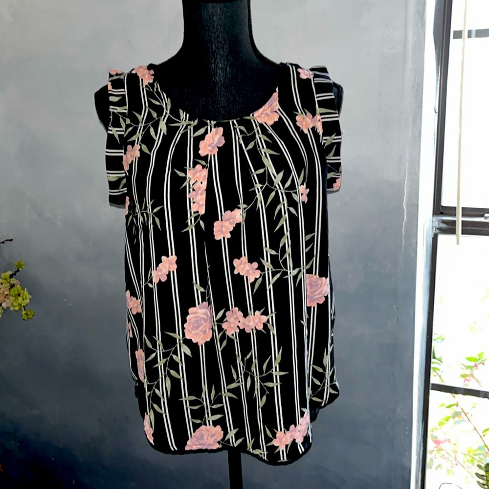 Sleeveless Pink Floral and Stripe Blouse